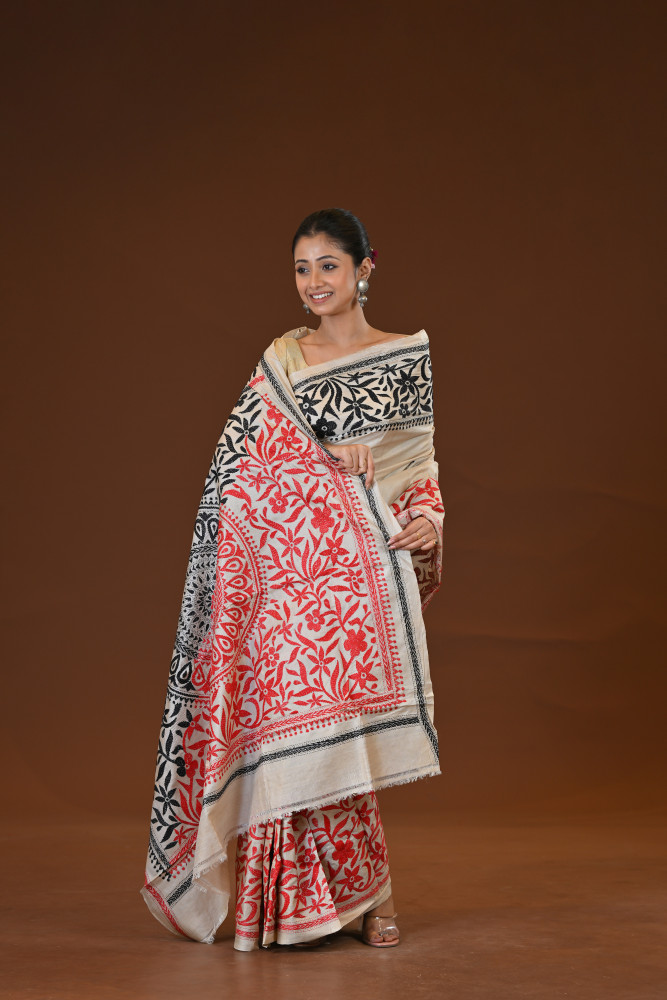 Pure Silk Kantha Stitch Saree