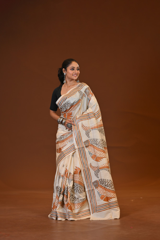 Pure Silk Kantha Stitch Saree