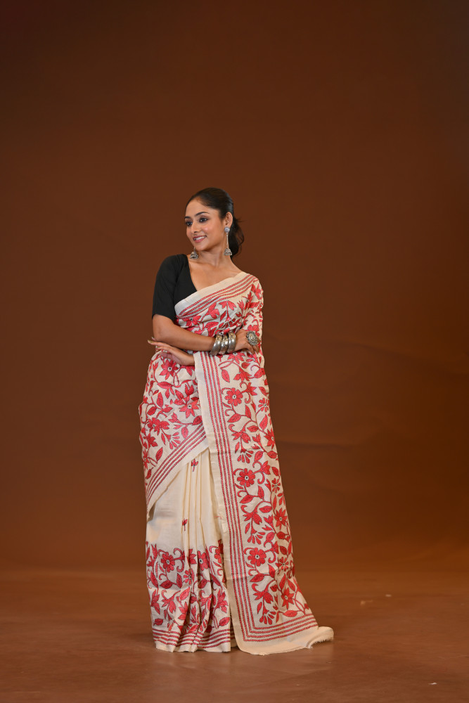 Pure Silk Kantha Stitch Saree