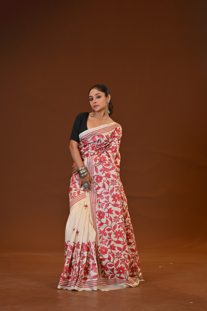 Image of Pure Silk Kantha Stitch Saree