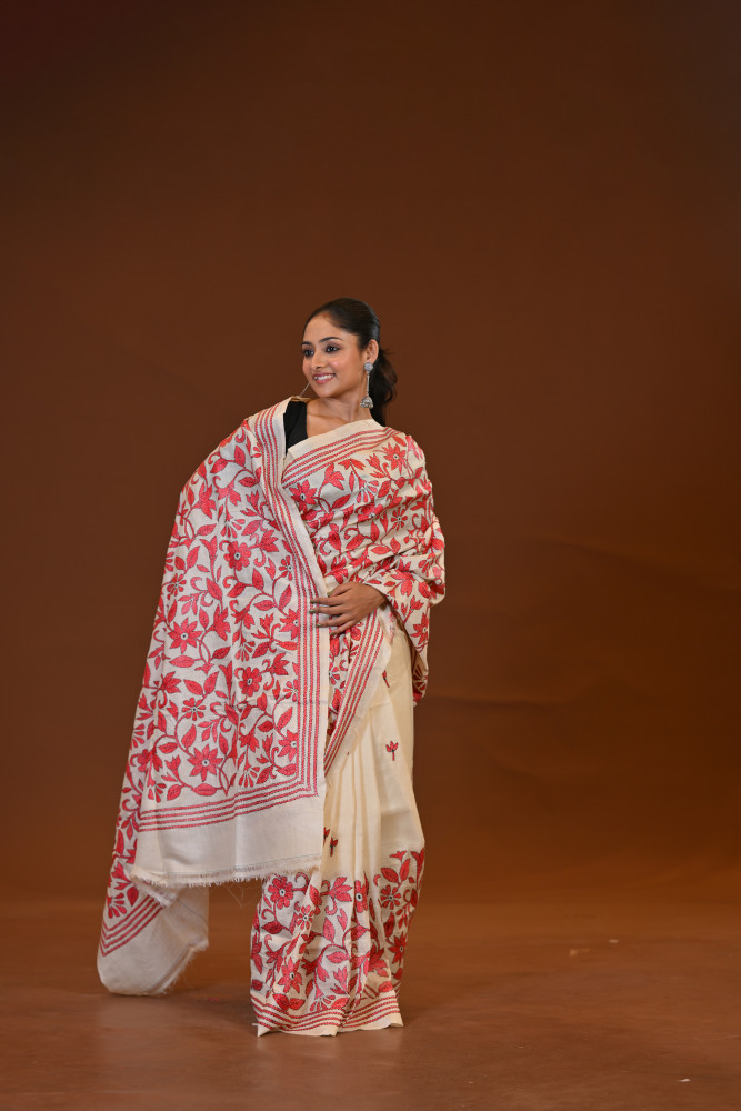 Pure Silk Kantha Stitch Saree