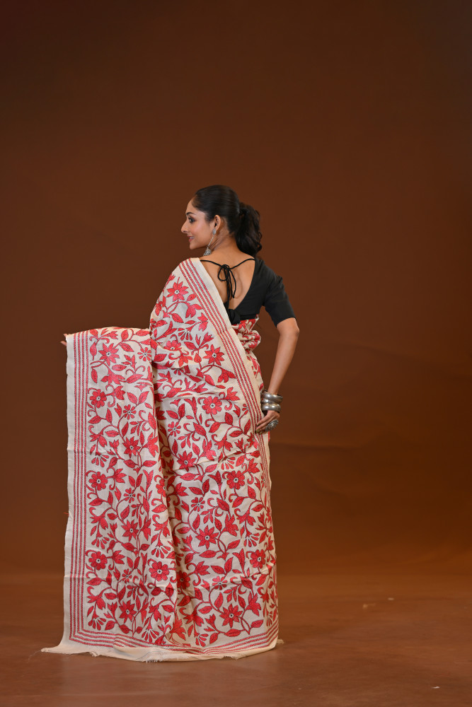 Pure Silk Kantha Stitch Saree