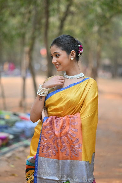 Tussar Silk Kantha Stitch Saree