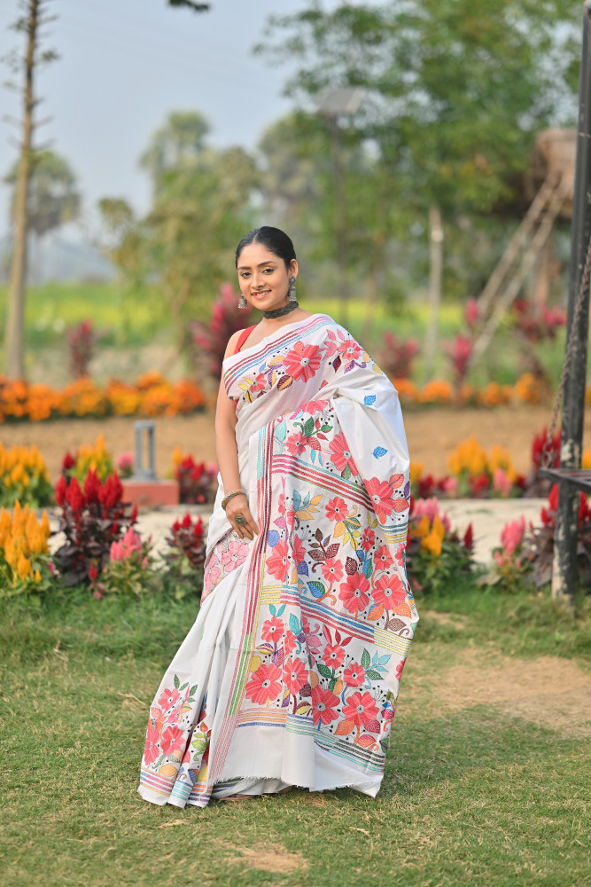 Pure Silk Kantha Stitch Saree