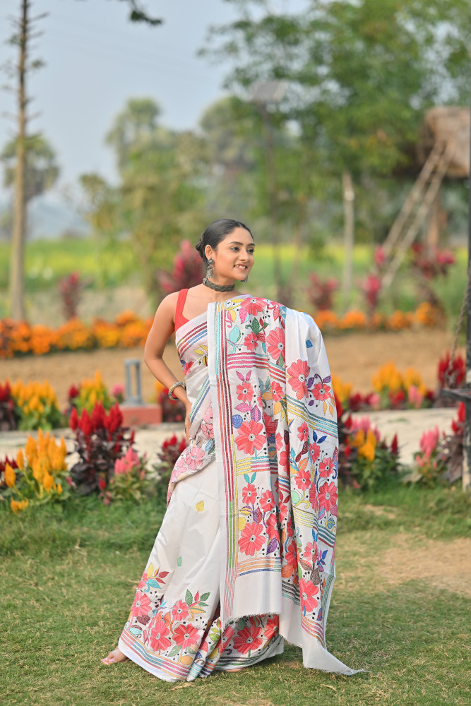 Image of Pure Silk Kantha Stitch Saree