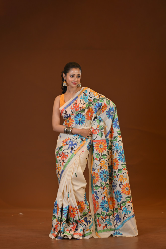 Pure Silk Kantha Stitch Saree