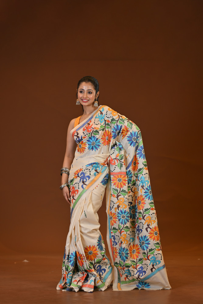 Image of Pure Silk Kantha Stitch Saree