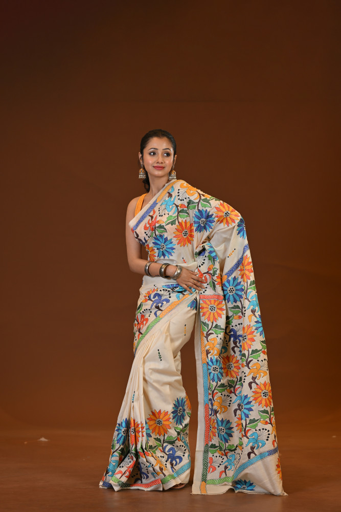 Pure Silk Kantha Stitch Saree