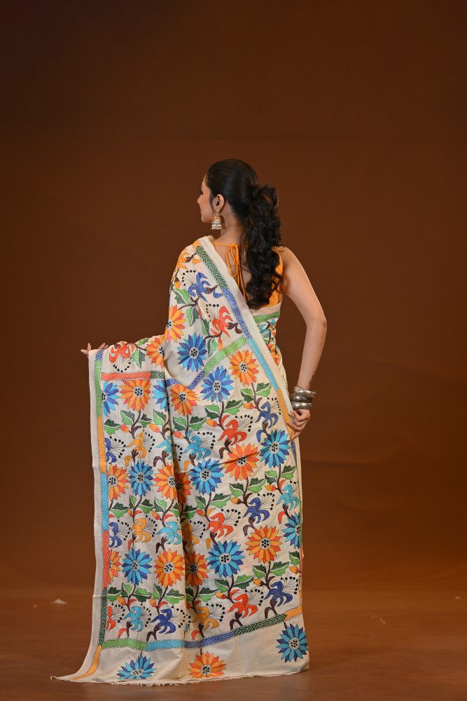 Pure Silk Kantha Stitch Saree