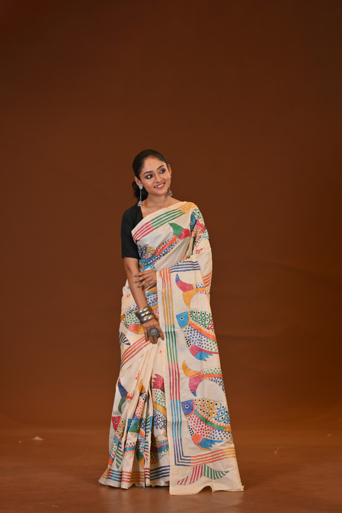 Image of Pure Silk Kantha Stitch Saree