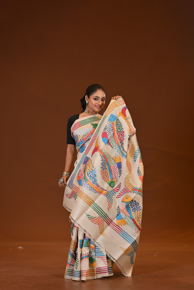 Pure Silk Kantha Stitch Saree