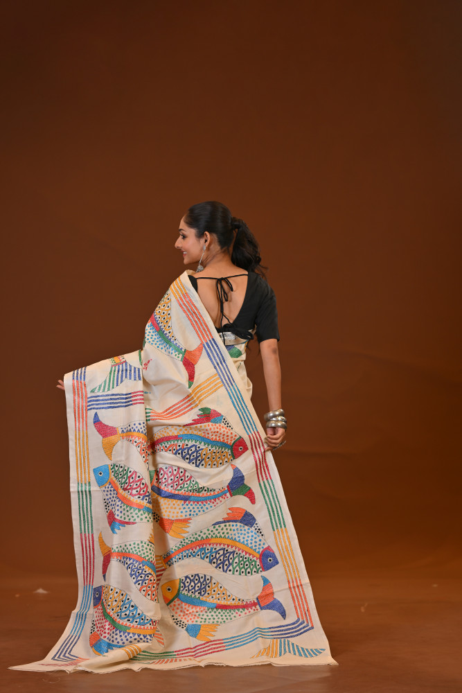 Pure Silk Kantha Stitch Saree
