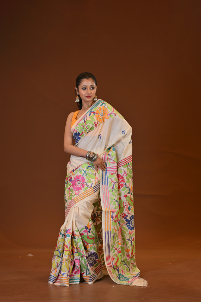 Pure Silk Kantha Stitch Saree