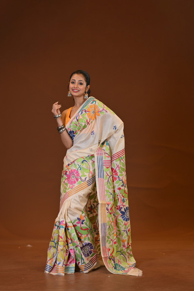 Image of Pure Silk Kantha Stitch Saree