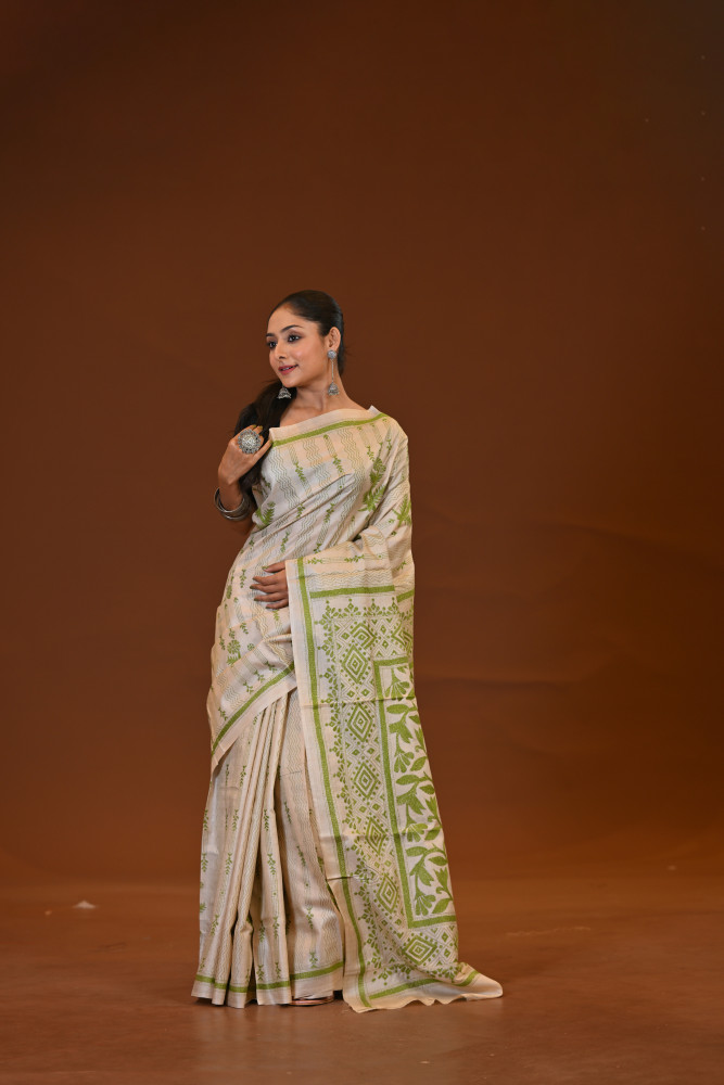 Pure Silk Kantha Stitch Saree