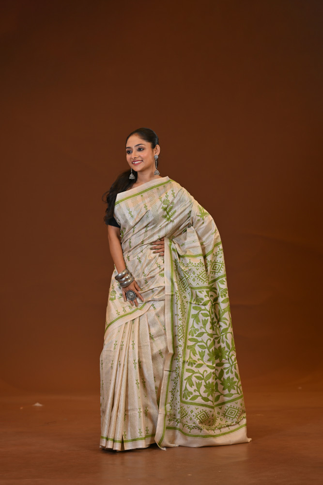 Pure Silk Kantha Stitch Saree