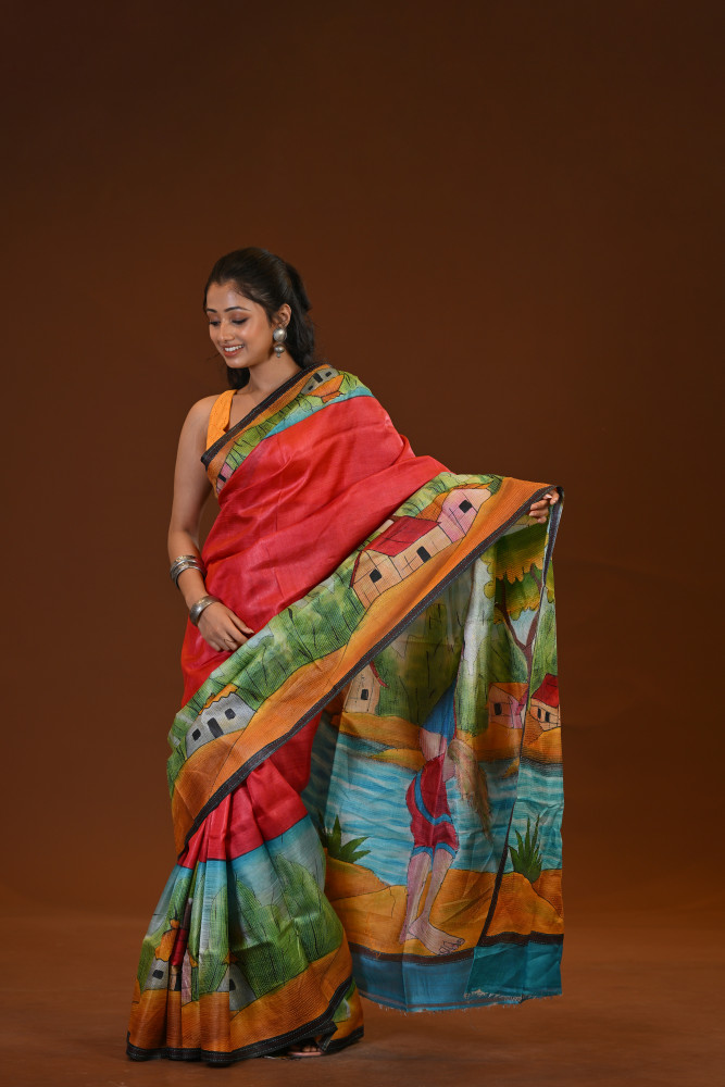 Image of Tussar Hand-Print Saree