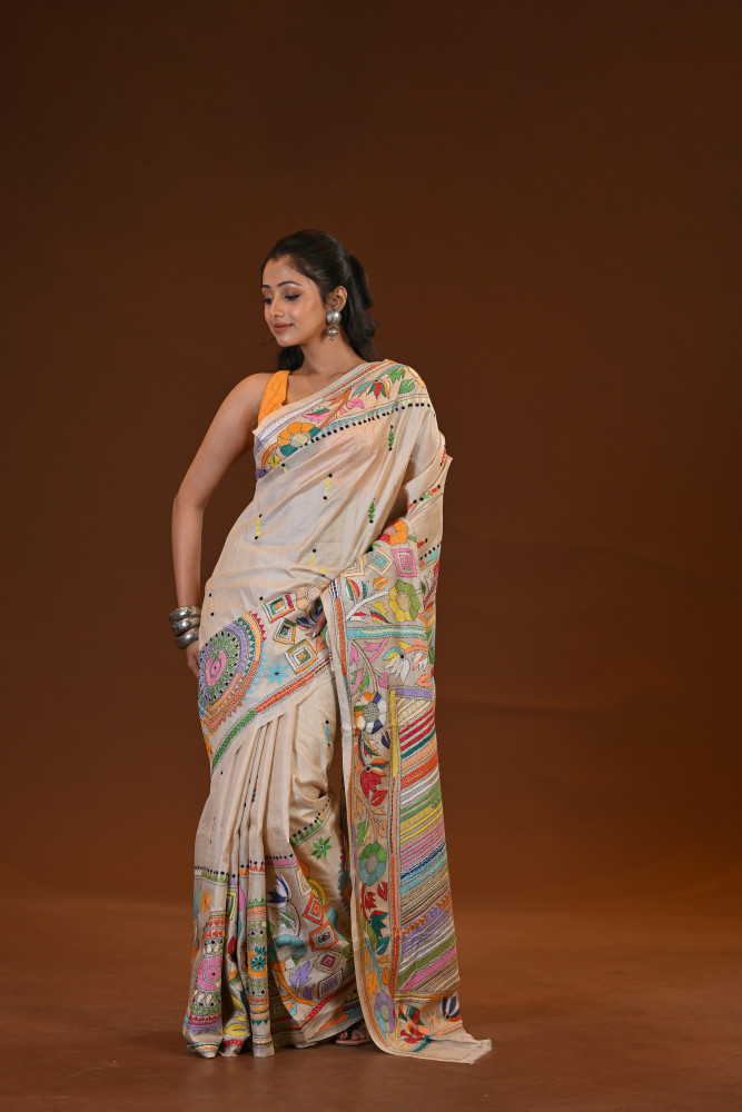 Pure Silk Kantha Stitch Saree