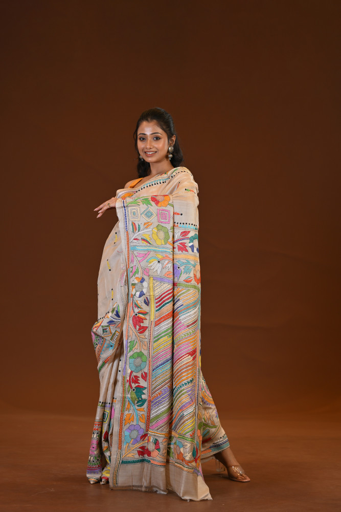 Pure Silk Kantha Stitch Saree