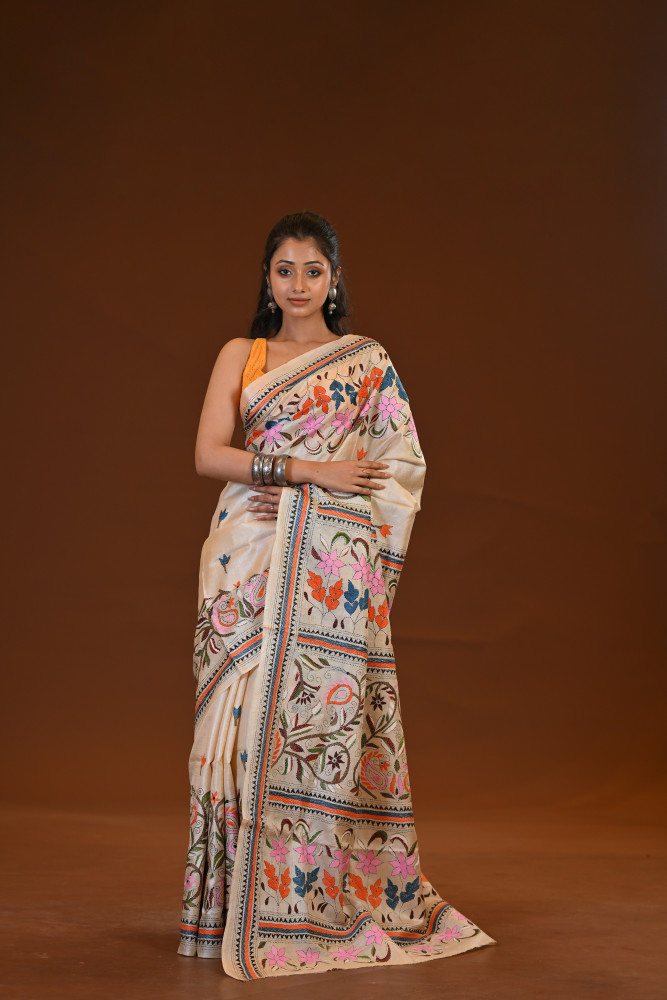 Pure Silk Kantha Stitch Saree