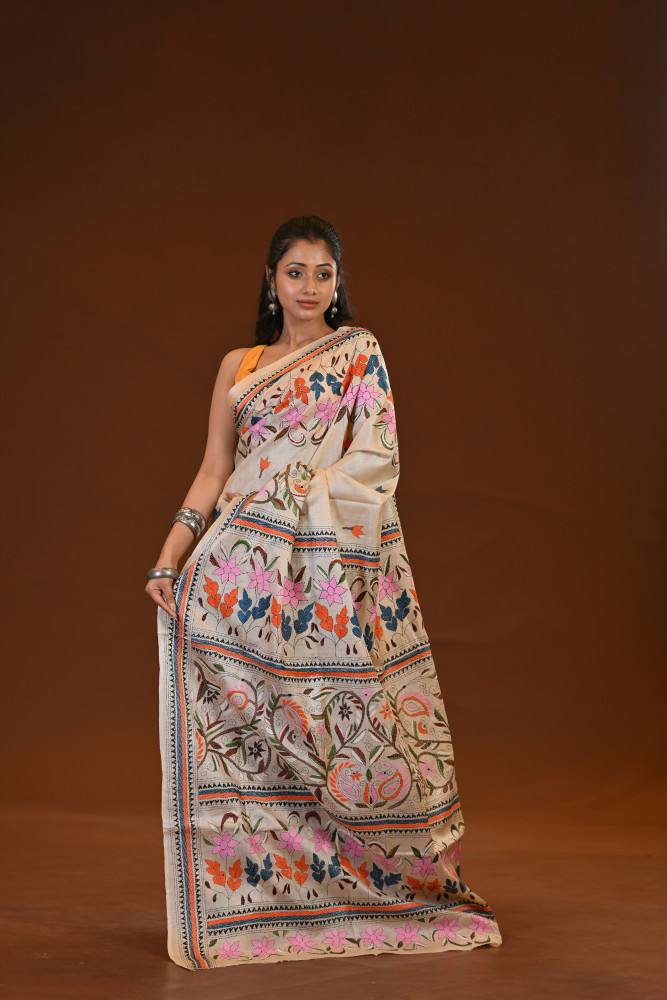 Pure Silk Kantha Stitch Saree