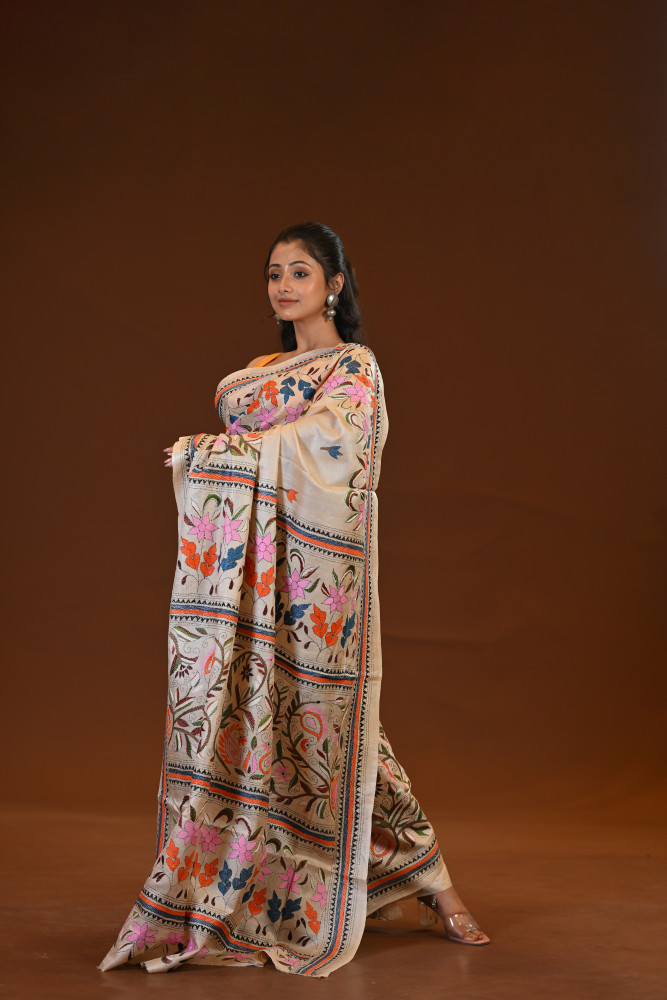 Image of Pure Silk Kantha Stitch Saree