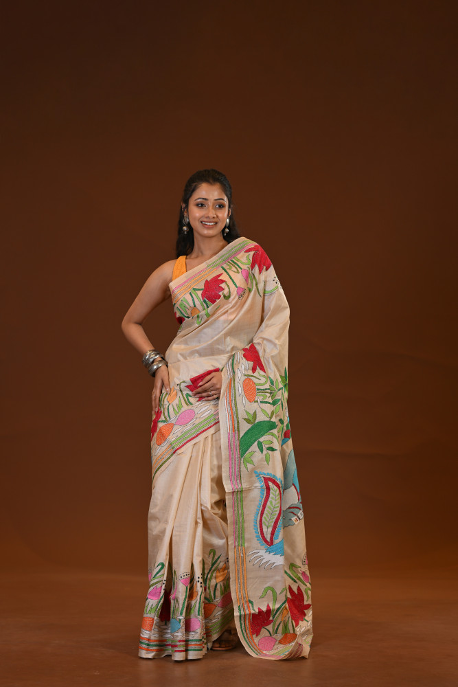 Image of Pure Silk Kantha Stitch Saree
