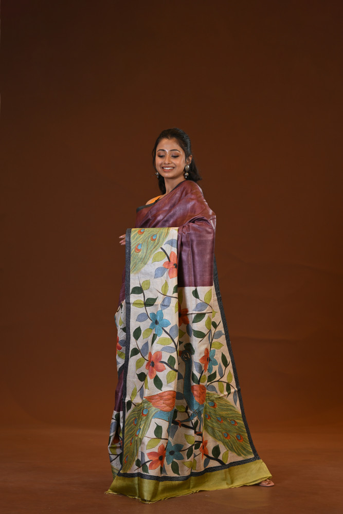 Image of Tussar Hand-Print Saree