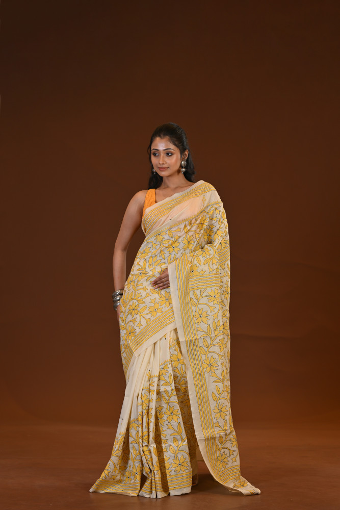 Pure Silk Kantha Stitch Saree