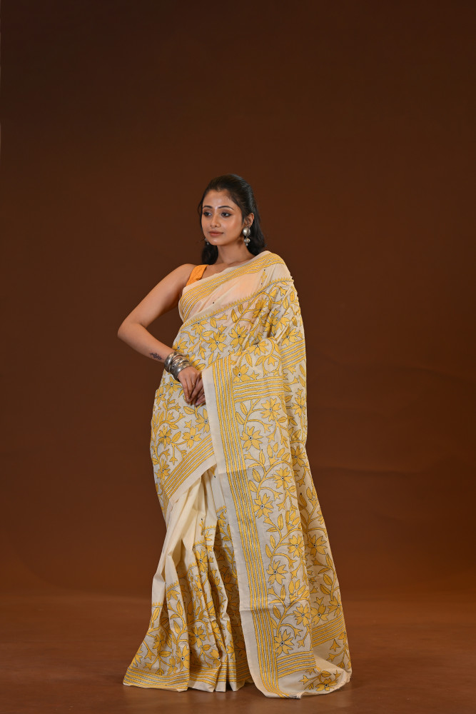Image of Pure Silk Kantha Stitch Saree