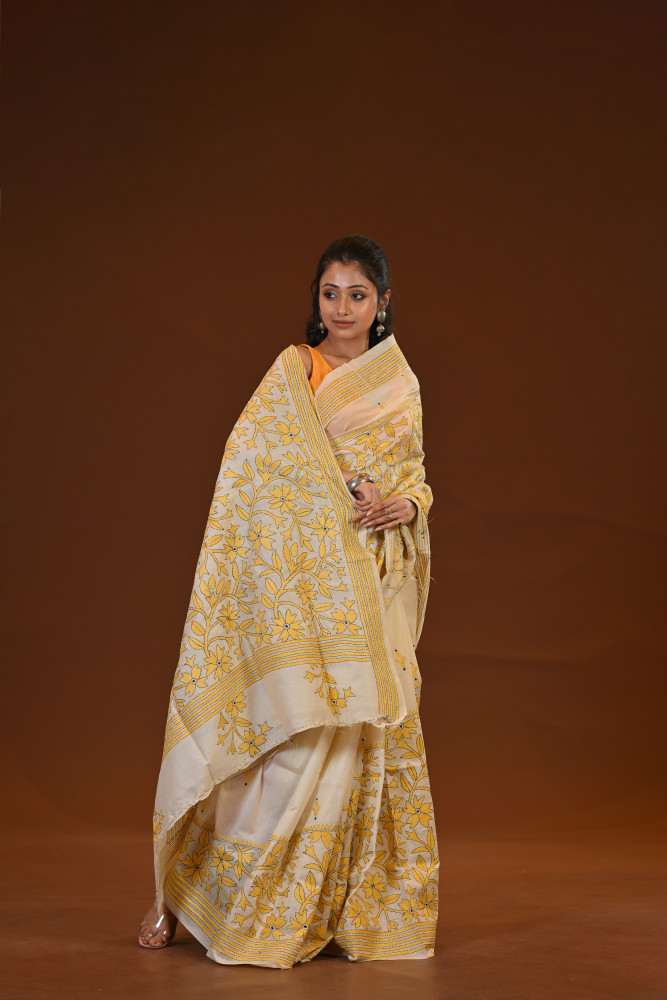 Pure Silk Kantha Stitch Saree