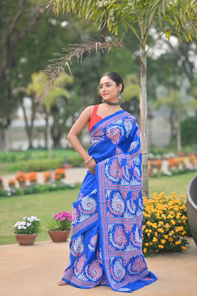 Pure Silk Kantha Stitch Saree