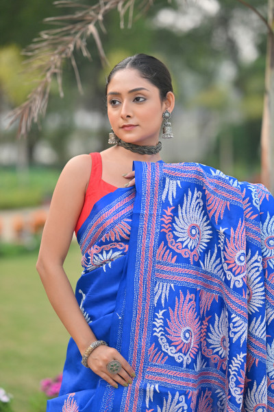 Pure Silk Kantha Stitch Saree