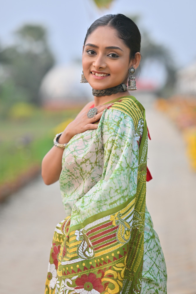 Image of Pure Silk Kantha Stitch Saree