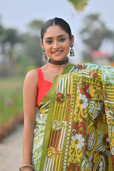 Pure Silk Kantha Stitch Saree