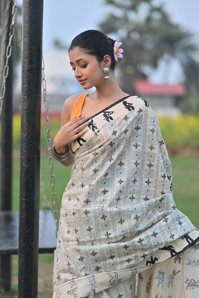 Image of Tussar Bhoot Aplique Saree