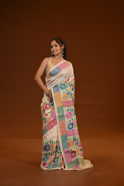 Pure Silk Kantha Stitch Saree