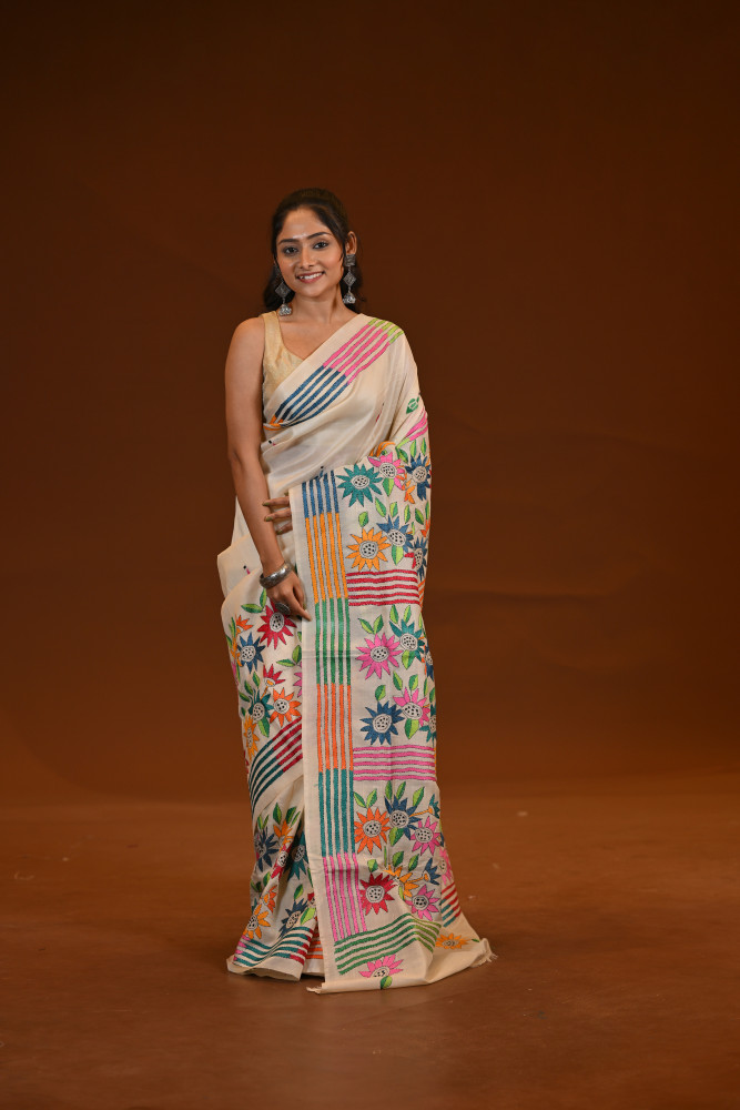 Pure Silk Kantha Stitch Saree
