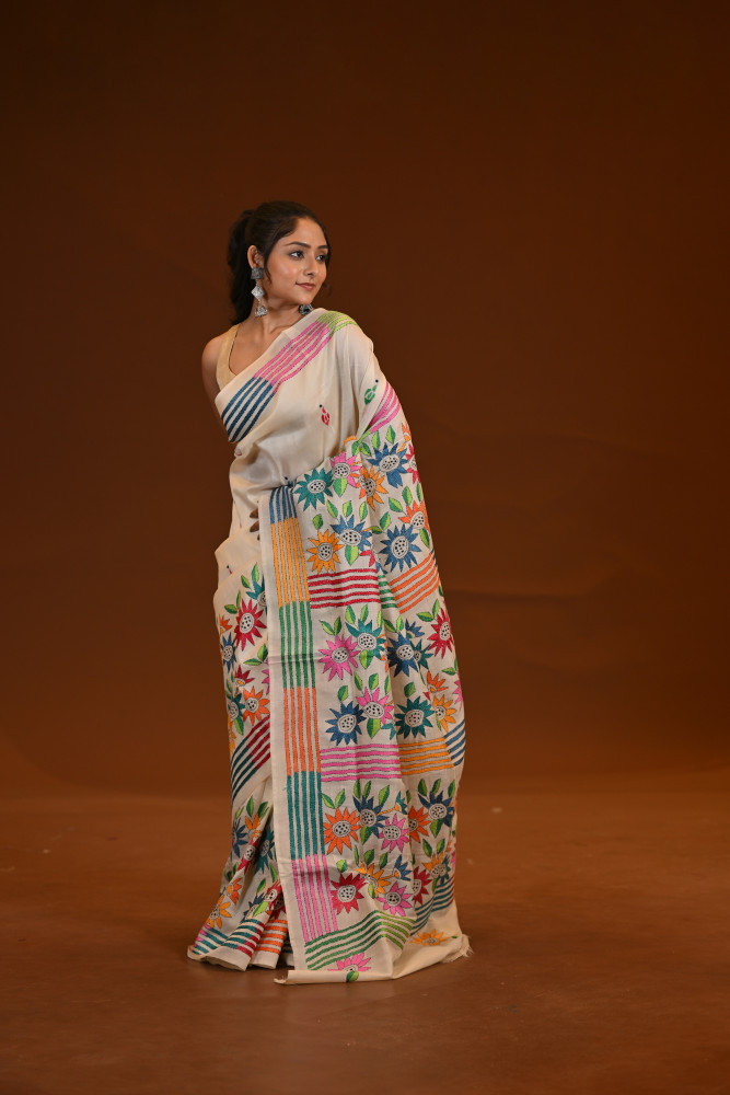 Pure Silk Kantha Stitch Saree