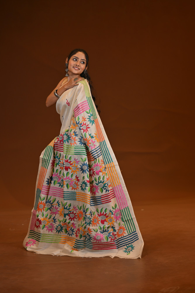 Pure Silk Kantha Stitch Saree