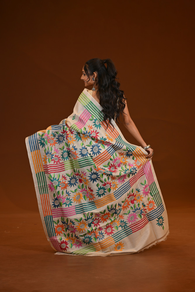 Pure Silk Kantha Stitch Saree