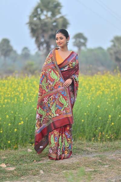 Pure Silk Kantha Stitch Saree