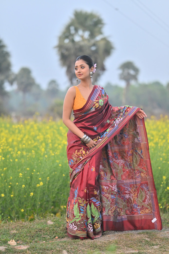 Pure Silk Kantha Stitch Saree