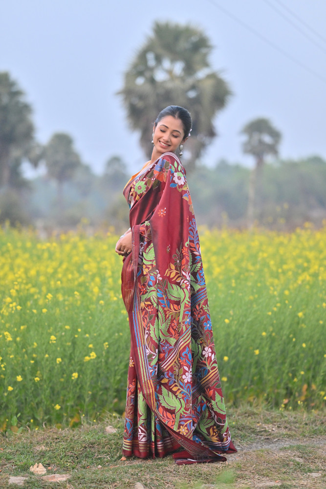 Pure Silk Kantha Stitch Saree