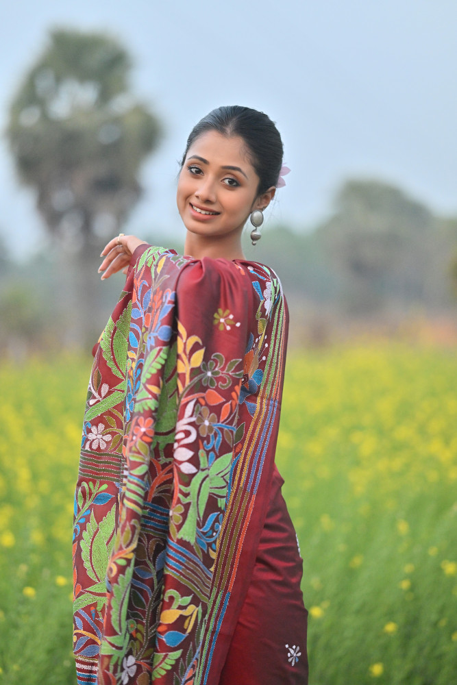 Image of Pure Silk Kantha Stitch Saree