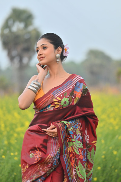 Pure Silk Kantha Stitch Saree