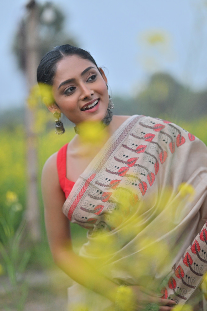 Image of Pure Silk Kantha Stitch Saree