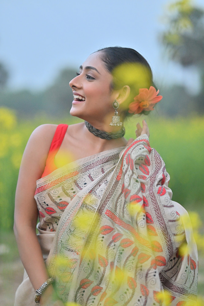 Pure Silk Kantha Stitch Saree