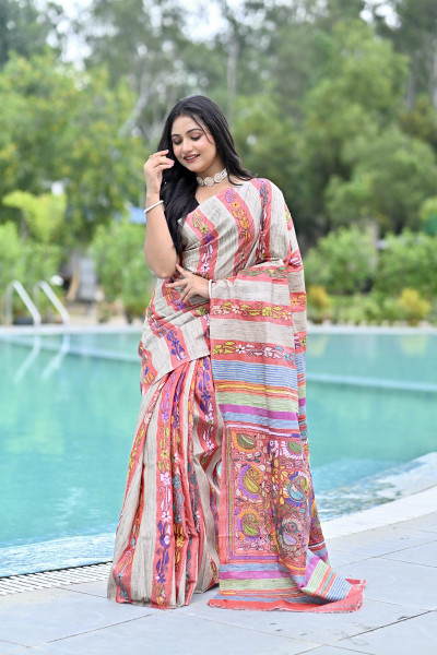 RUDRANI GHICHA STRIPE KANTHA SAREE
