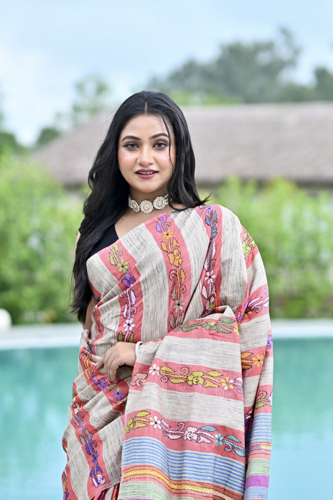 RUDRANI GHICHA STRIPE KANTHA SAREE